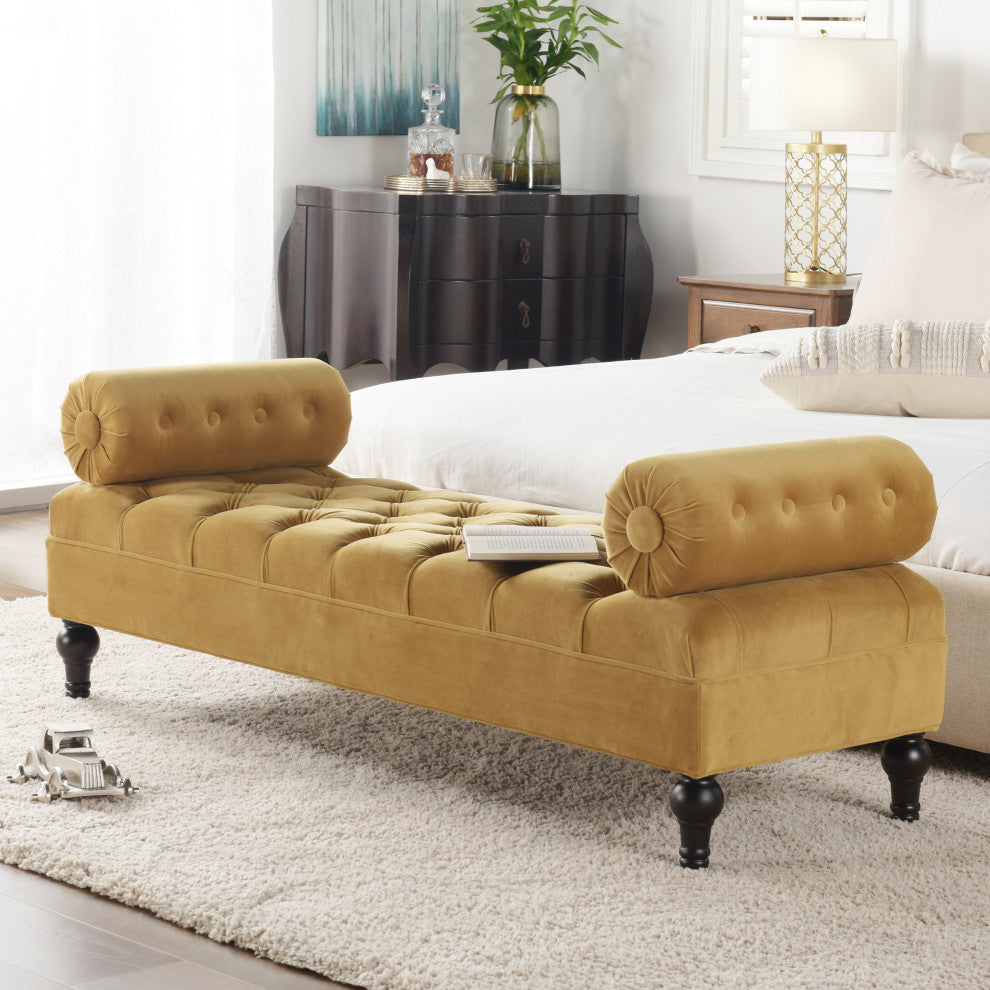 Lewis 60" Tufted Bolster Arm Entryway Bench, Gold Velvet