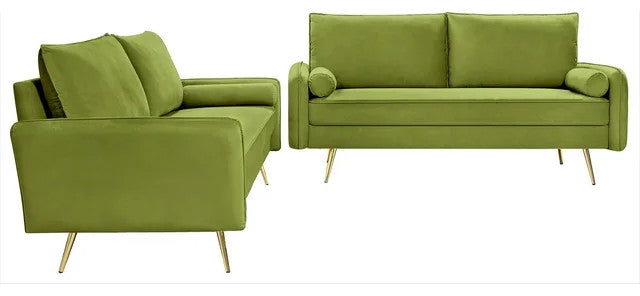 Modern Velvet Living Room Set: Sofa and Loveseat with Sleek Golden Legs, Olive Green