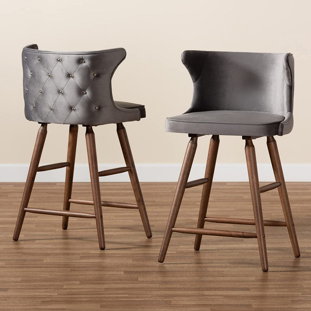 Set of 2 Counter Stool, Velvet Seat & Curved Back With Jewelry Tufting, Grey