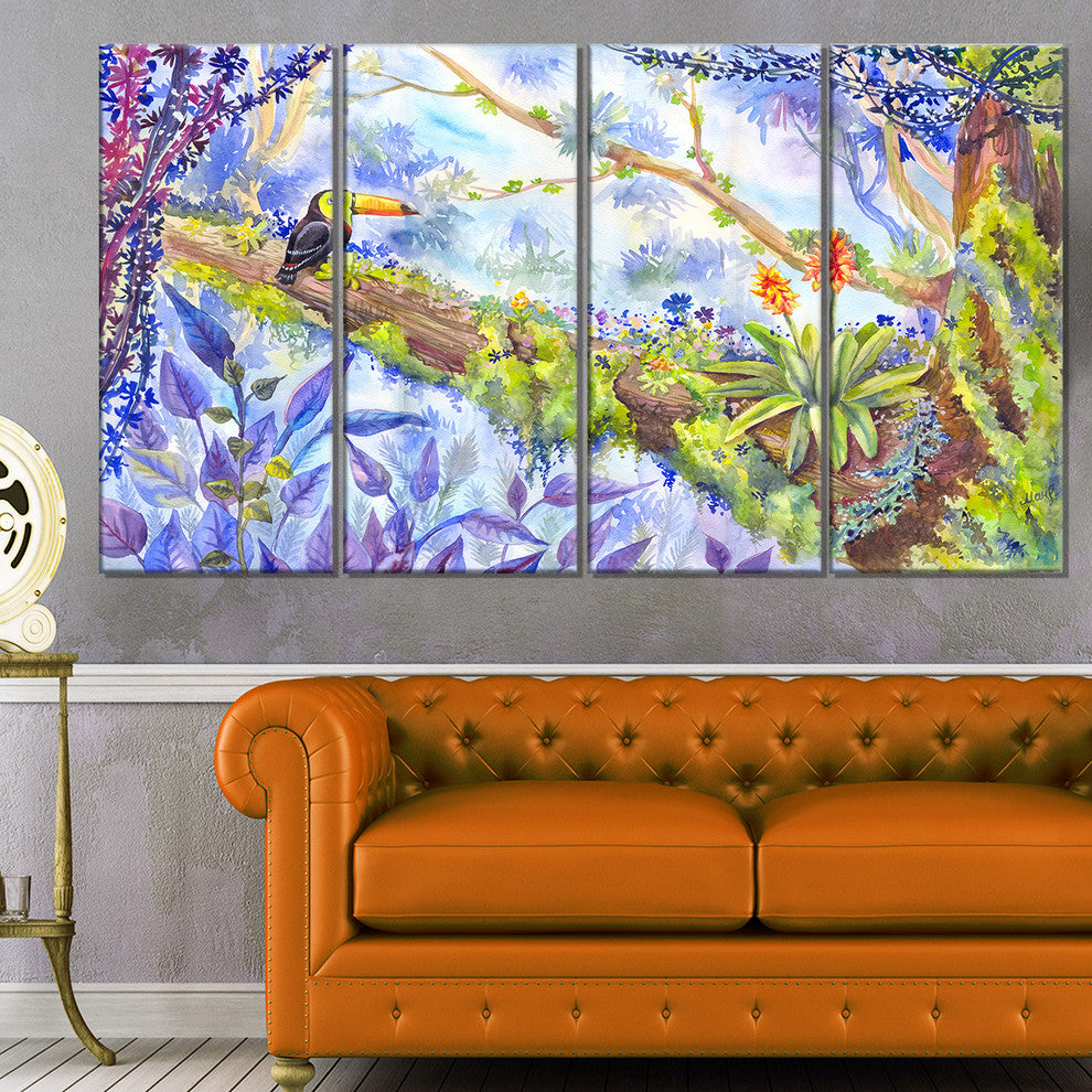 "Jungle With Bird Toucan On Tree" Wall Art Landscape, 4 Panels, 48"x28"