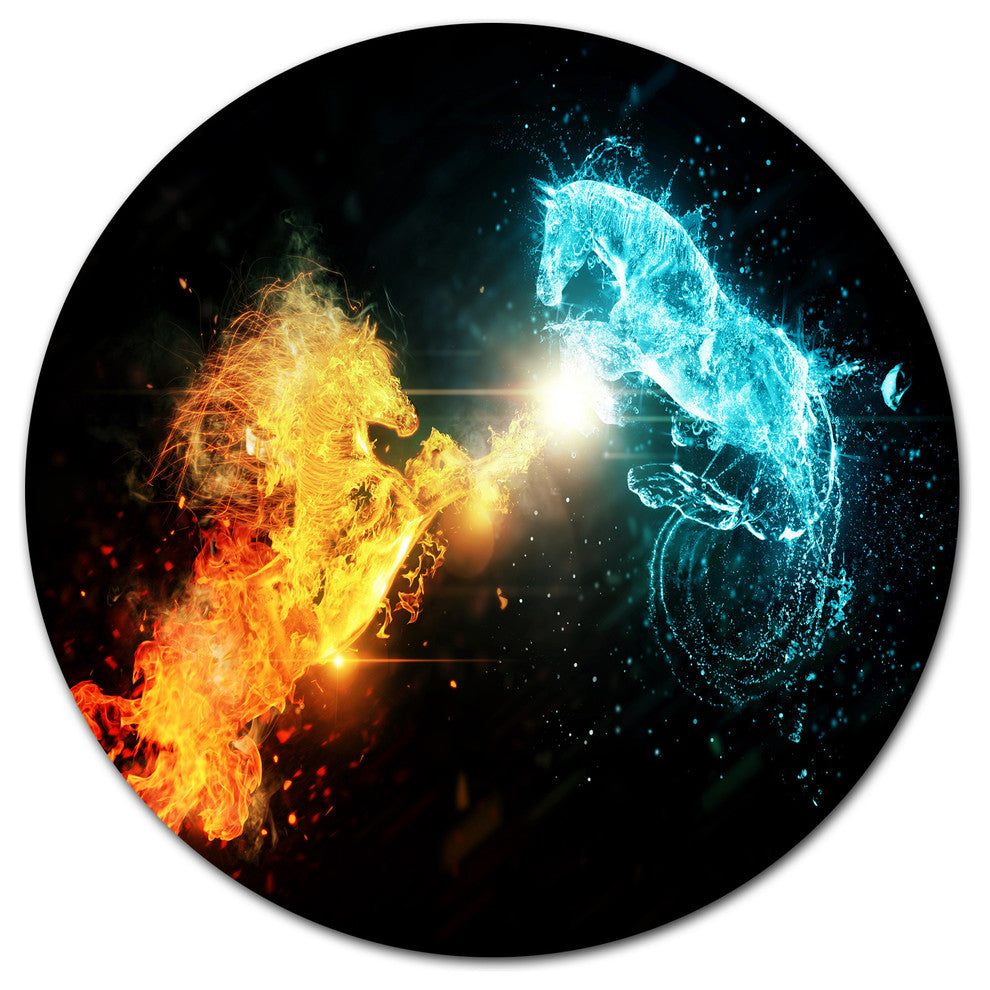 Fire And Water Abstract Horses, Animal Disc Metal Artwork, 36"