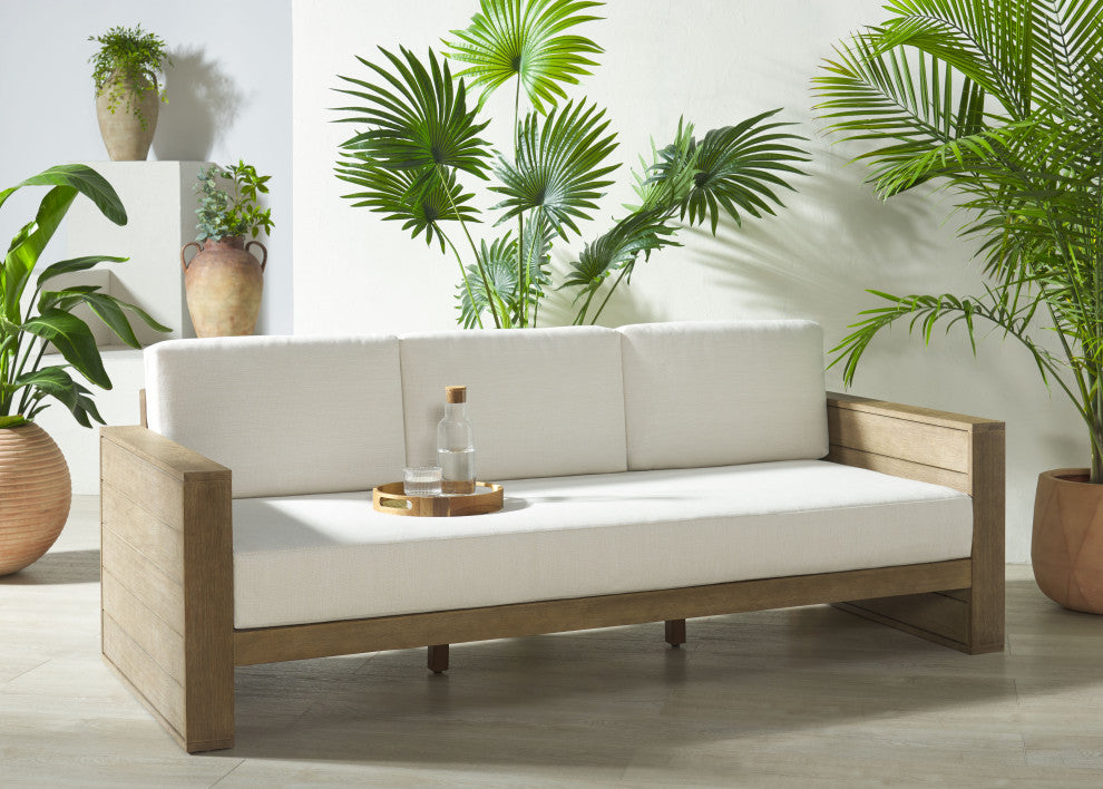 Safavieh Couture Indoor-Outdoor Santiago Eucalyptus Patio Sofa, Natural/Beige