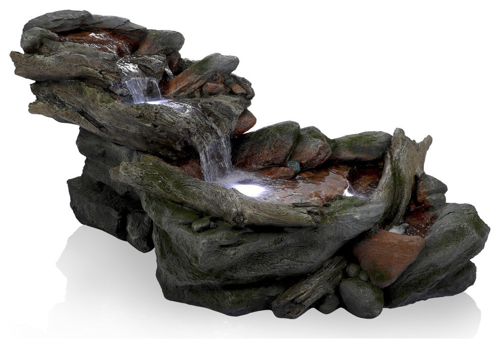 60" Long 3-Tier Rainforest Rock River Hand-Painted Fountain with LED Lights