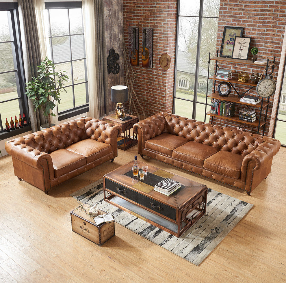 Leather Chesterfield Love Seat, Light Brown