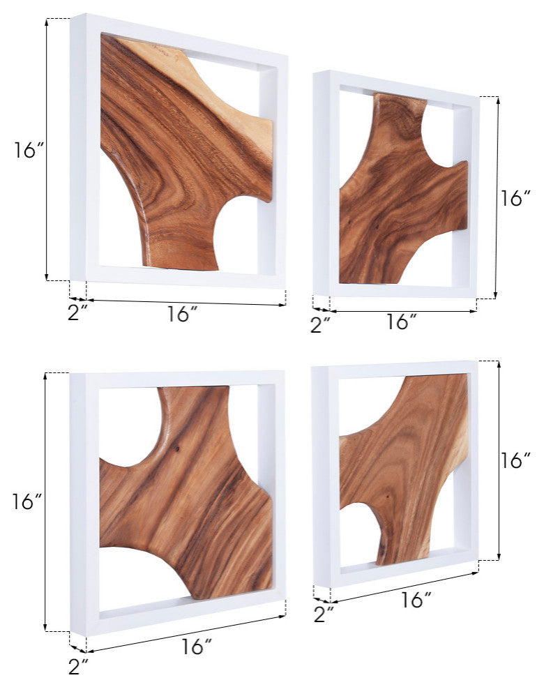 Framed Slice Wall Tile, Chamcha Wood, White Frame   , Set of 4