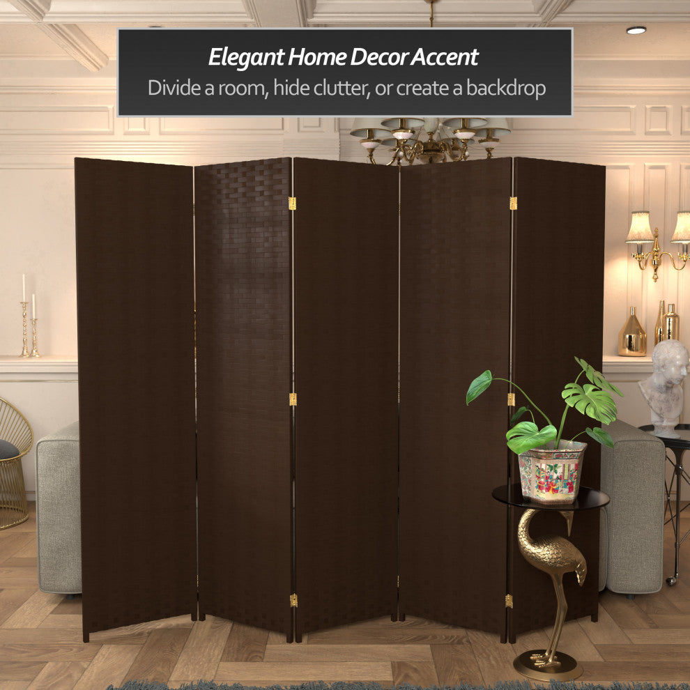 6' Tall Woven Fiber Room Divider, 5 Panel, Dark Mocha