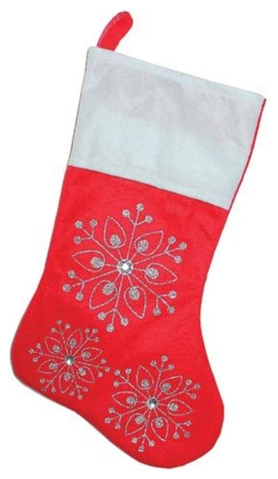 19" Red and White Felt Christmas Stocking With Glitter Snowflakes and Gemstones