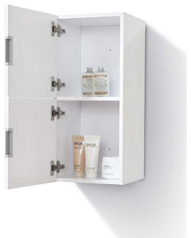 Bliss 12"W x 24"H Linen Side Cabinet, 2 Doors, Nature Wood Finish, High Gloss White