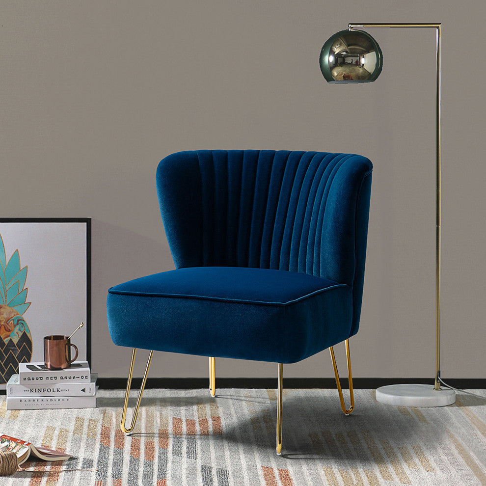Tufted Side Chair With Golden Base, Navy