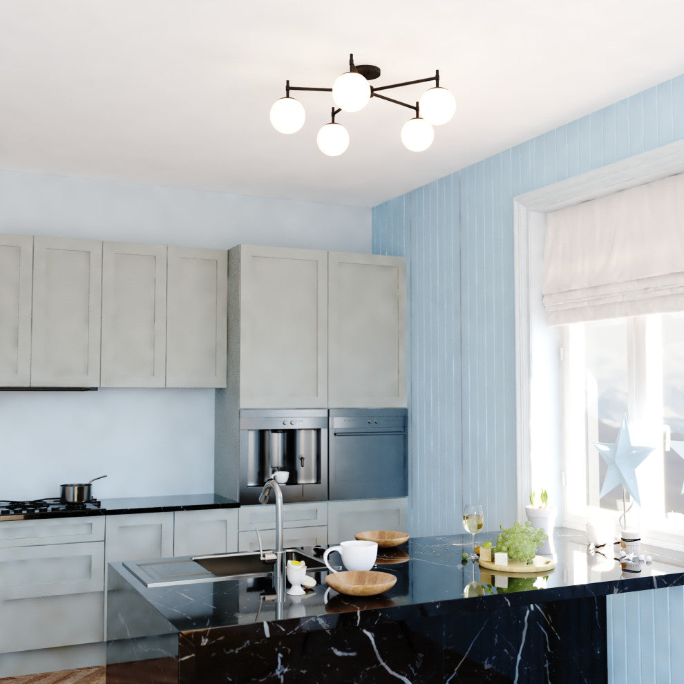 Armitage 32-in W Matte Black Semi Flush Mount Ceiling Light Fixture White Globe