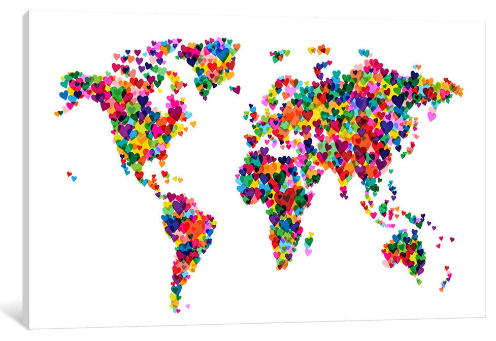 "World Map Hearts, Multicolor" Wrapped Canvas Print, 18x12x1.5