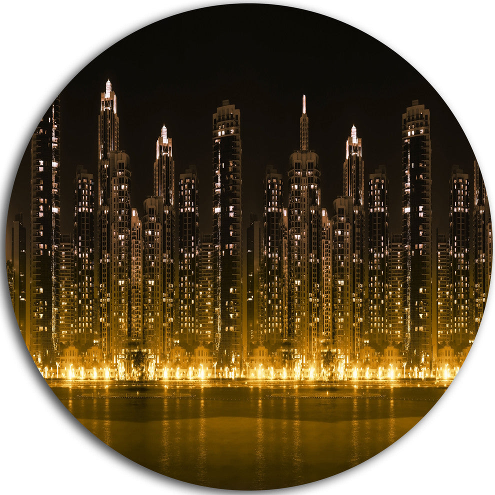 City With Illuminated Skyscrapers, Cityscape Disc Metal Wall Art, 36"