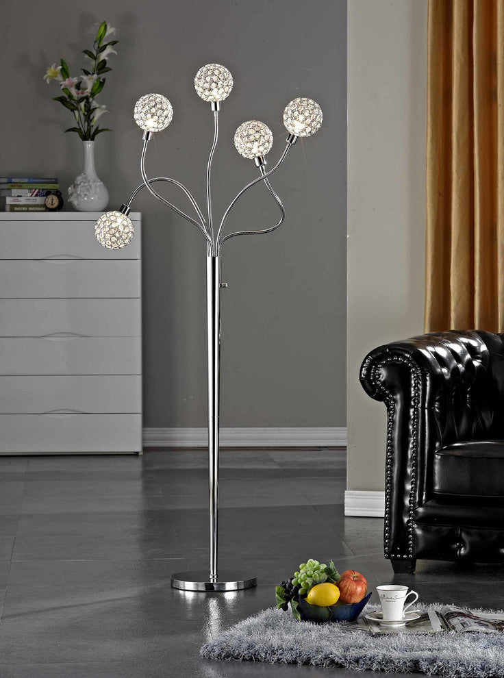 SOHO 65"H Modern 5-Light Brushed Steel Crystal Balls Floor Lamp With Dimmer
