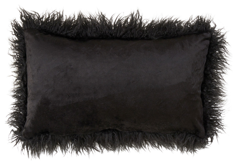 Poly Filled Mongolian Faux Fur Throw Pillow, 12"x20", Black