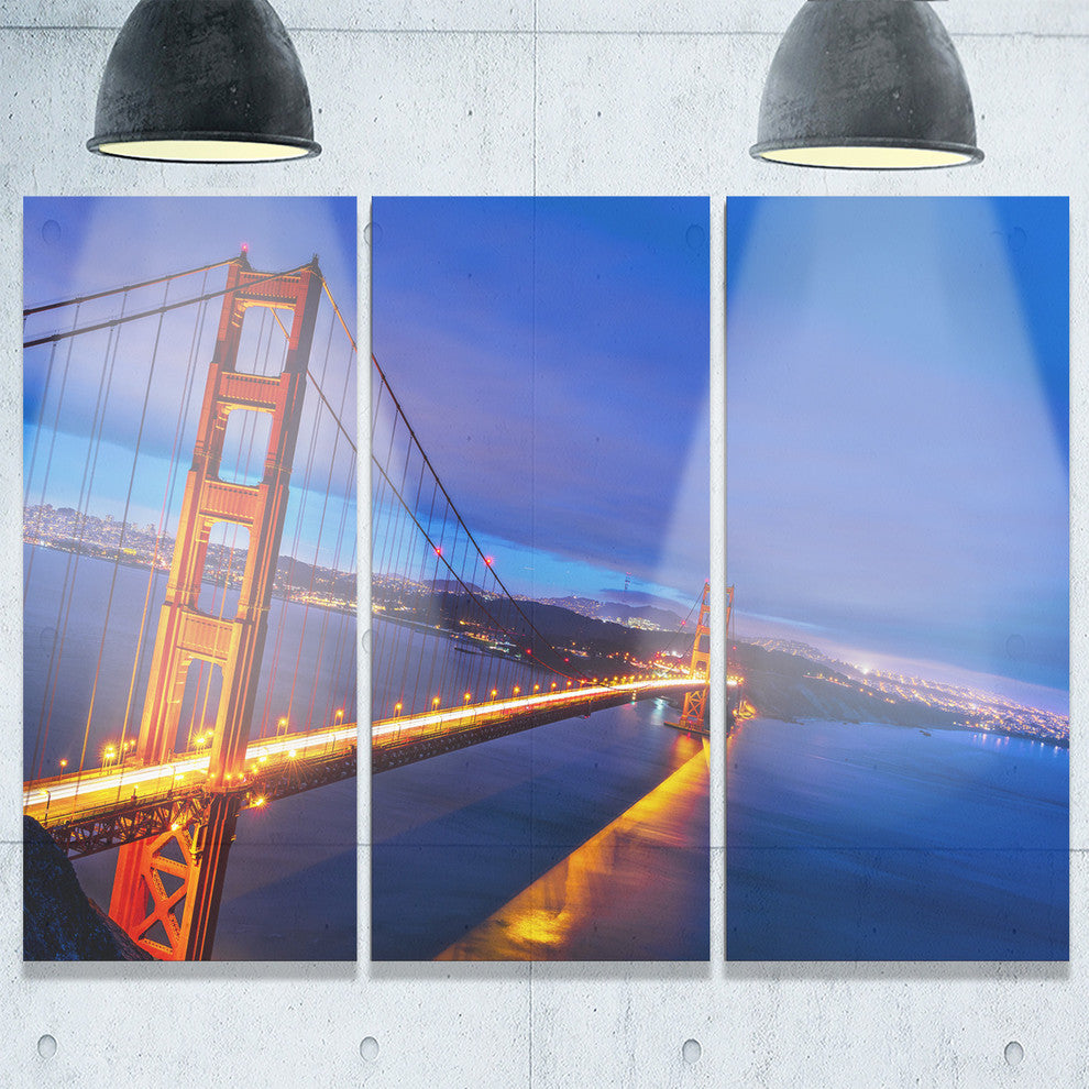 "Golden Gate in Blue Background" Sea Bridge Metal Wall Art, 3 Panels, 36"x28"