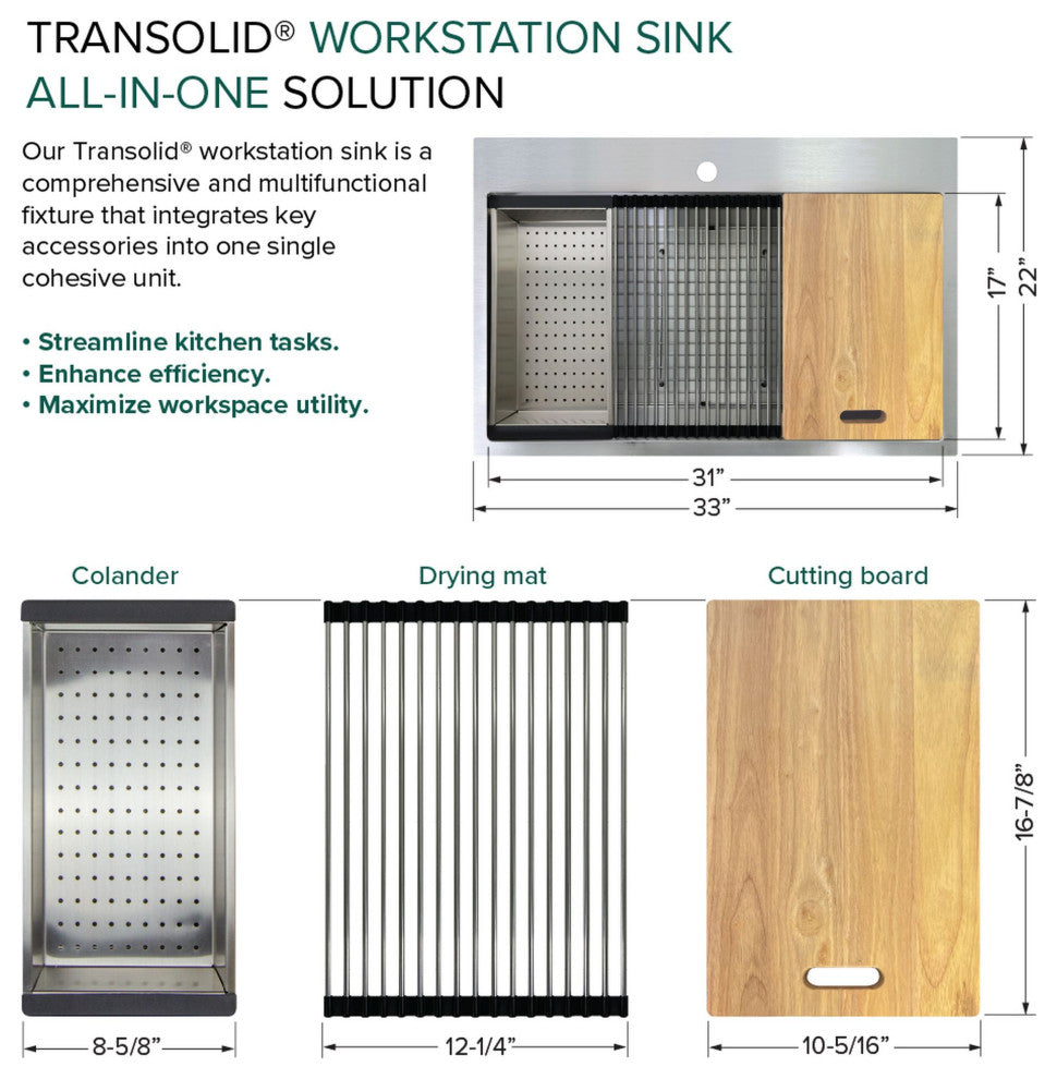 Transolid KWSST332210 Kitchen Workstation, 3 Faucet Holes