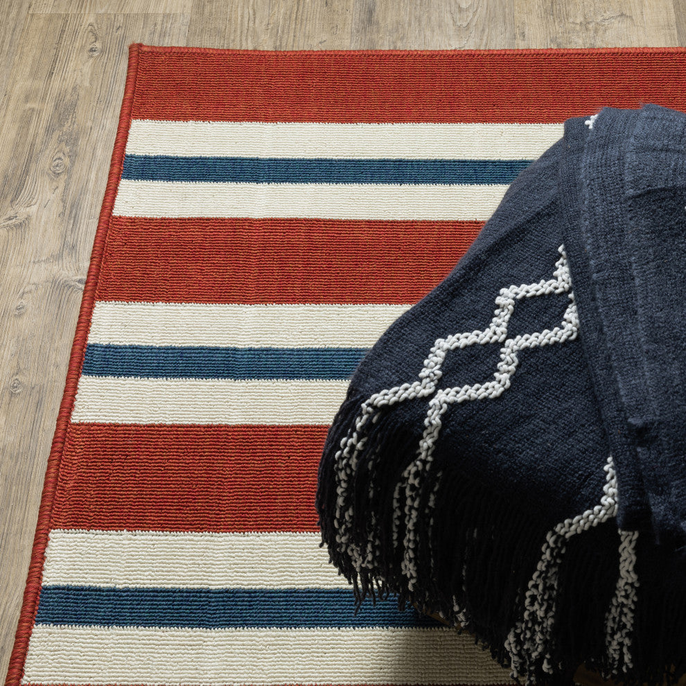 Madelina Stripe Red and Blue Indoor or Outdoor Area Rug, 7'10"x10'10"