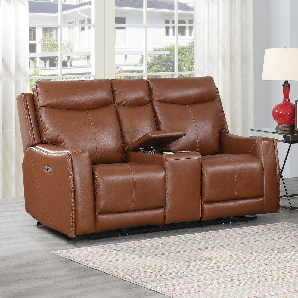 Natalia Power Loveseat Console Leather Recliner, Caramel