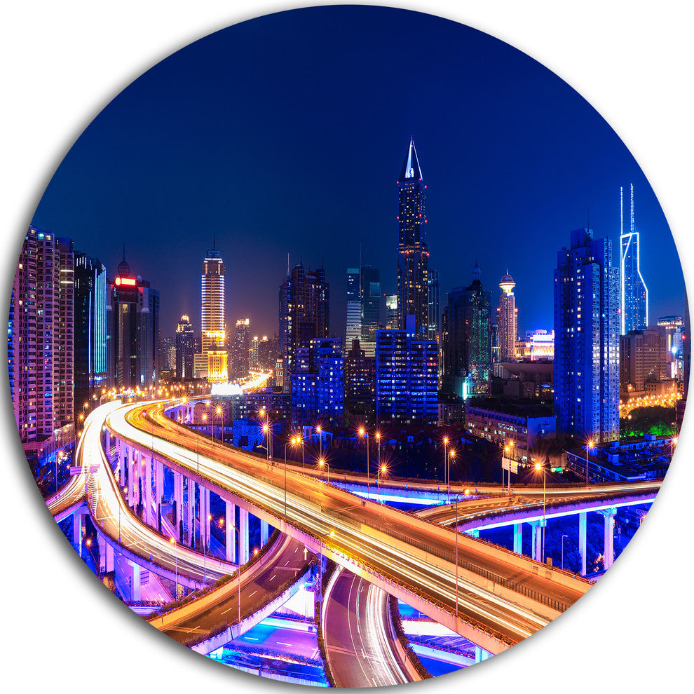 Interchange Overpass At Night Skyline, Round Metal Wall Art, 11"