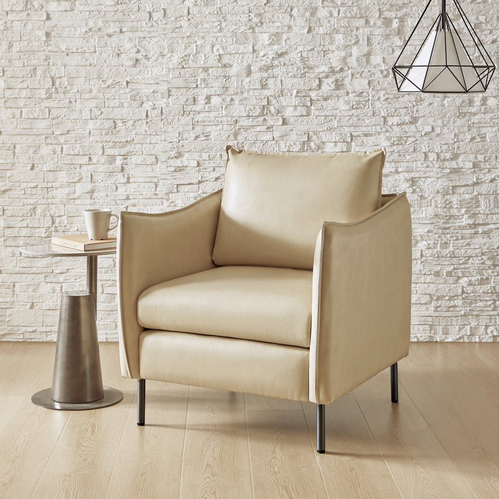 Traditional Leather Armchair With Metal Legs, Beige