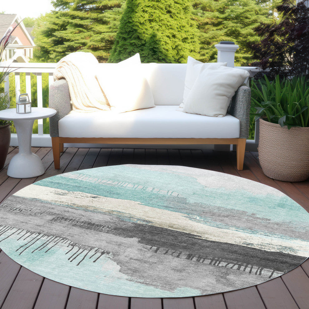 Machine Washable Indoor/Outdoor Chantille ACN1880 Teal 8' x 8' Round Rug