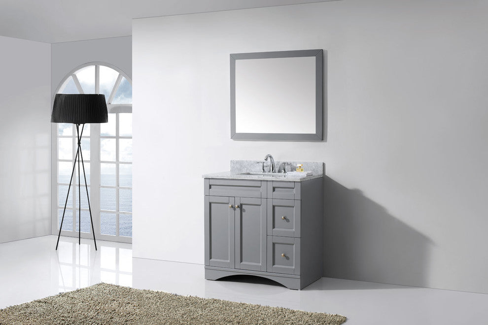 Virtu Elise 36" Single Bathroom Vanity, Gray With Marble Top, With Mirror