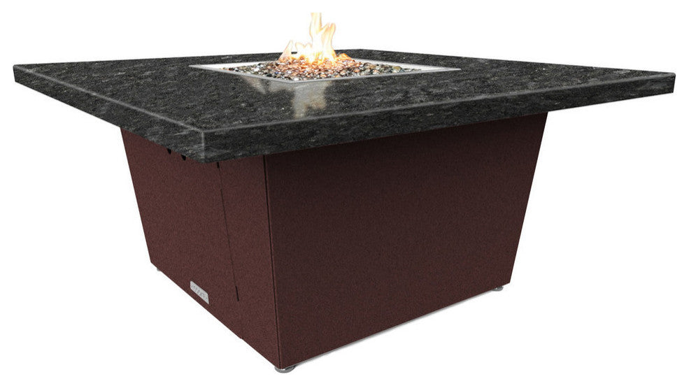 Square Fire Pit Table, 44x44, Chat Height, Natural Gas, Black Pearl Top, Dark Cherry