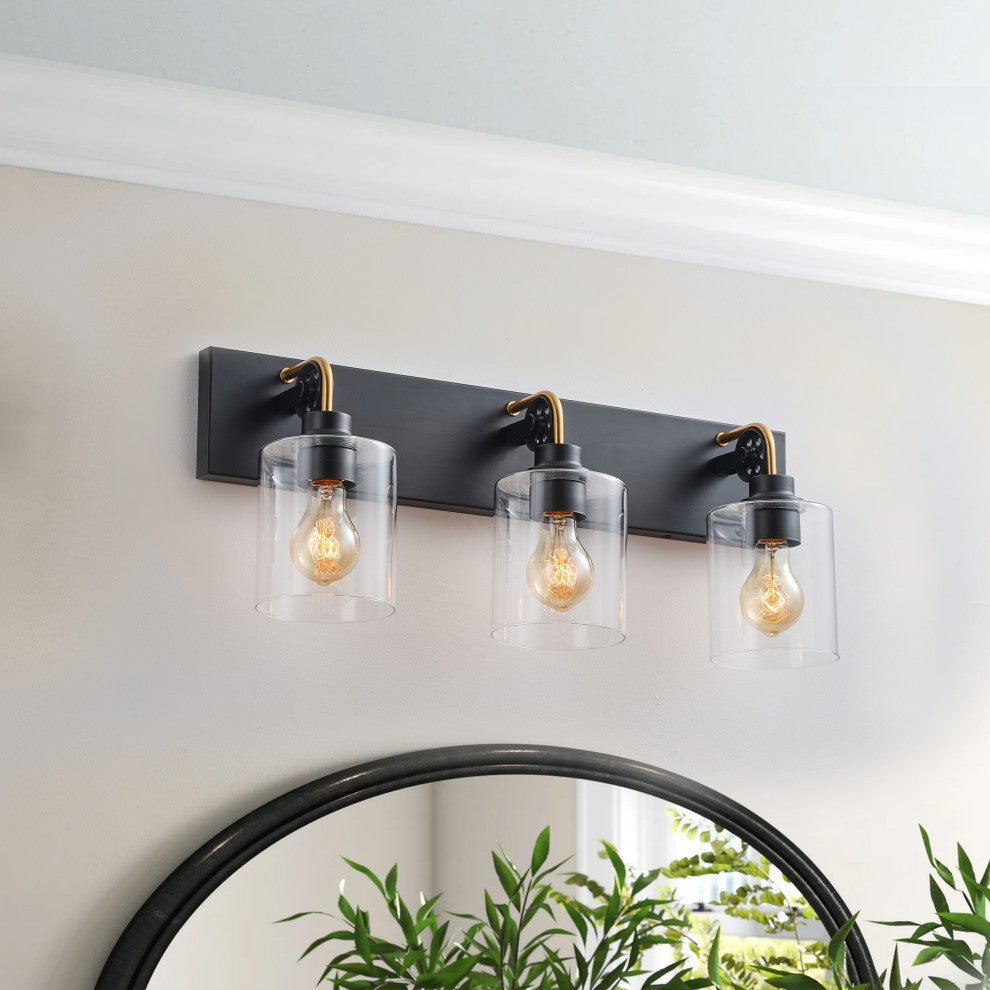 Matte Black 3-Light Cylinder Clear Glass Vanity Light for Bathroom