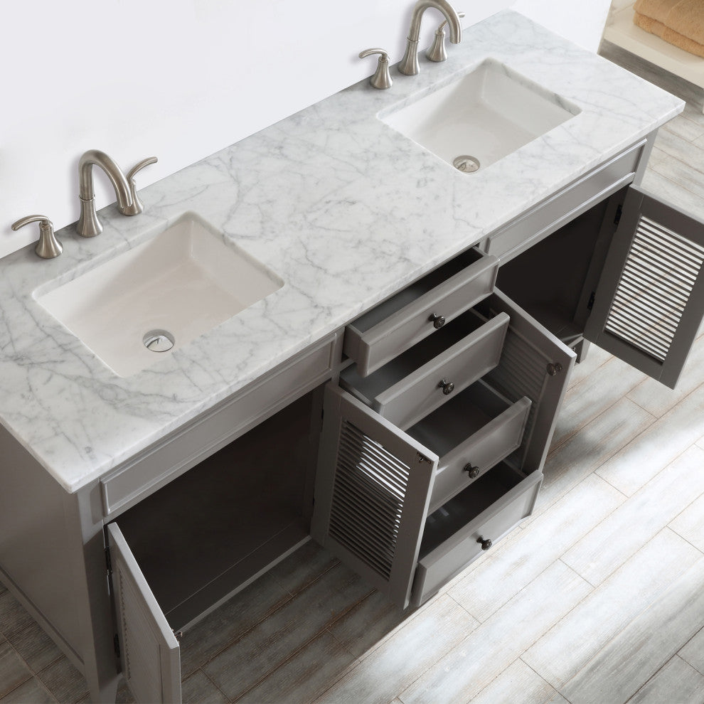 72" Double Vanity in Grey with Carrara White Marble Countertop Without Mirror