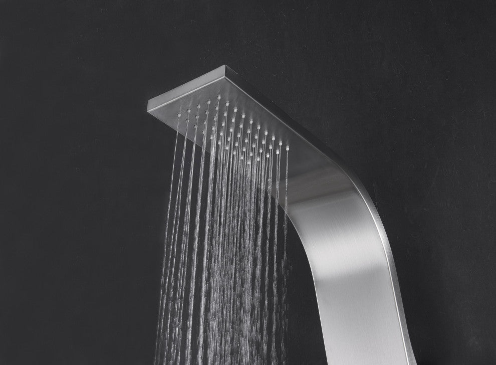 Aura 2-Jetted Shower Panel With Heavy Rain Shower and Spray Wand, Brushed Steel