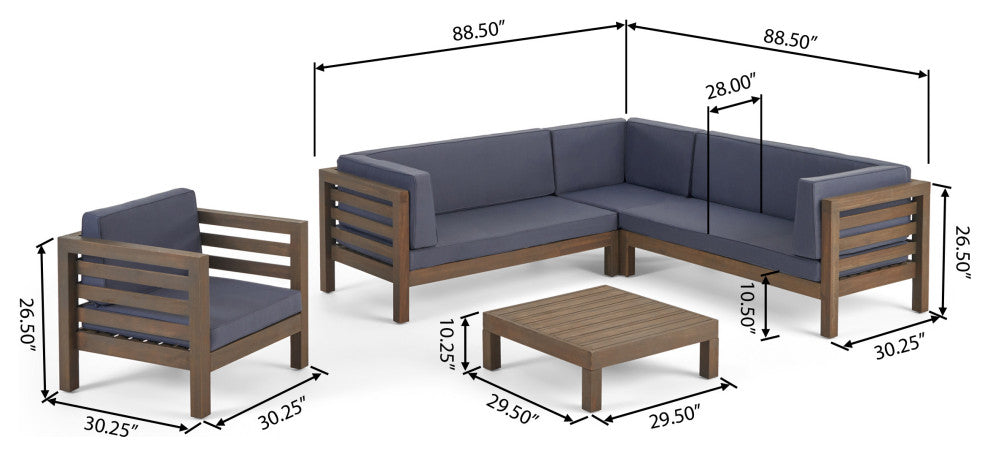 Emma Outdoor 6 Seater Acacia Wood Sectional Sofa and Club Chair Set, Dark Gray