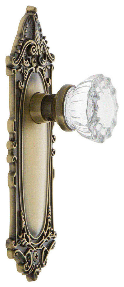 Victorian Plate Privacy Crystal Glass Door Knob, Antique Brass