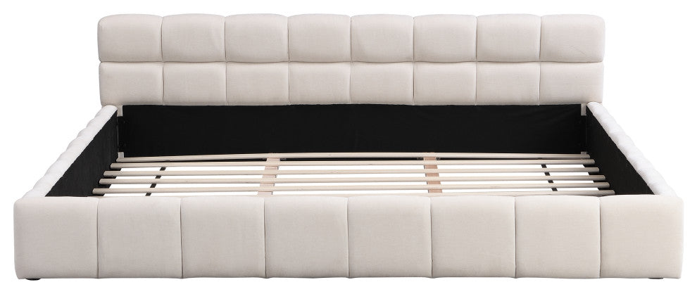 Alice Chenille Upholstered Platform Bed With Checkerboard Design, Beige, King