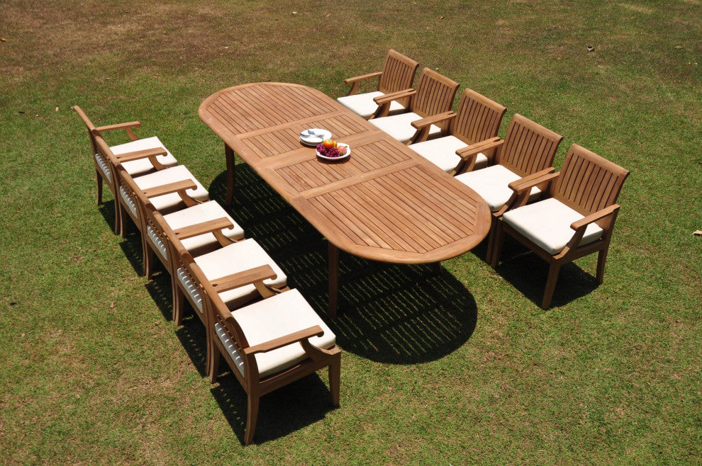 11-Piece Outdoor Teak Dining Set: 117" Oval Extension Table, 10 Lagos Arm Chairs