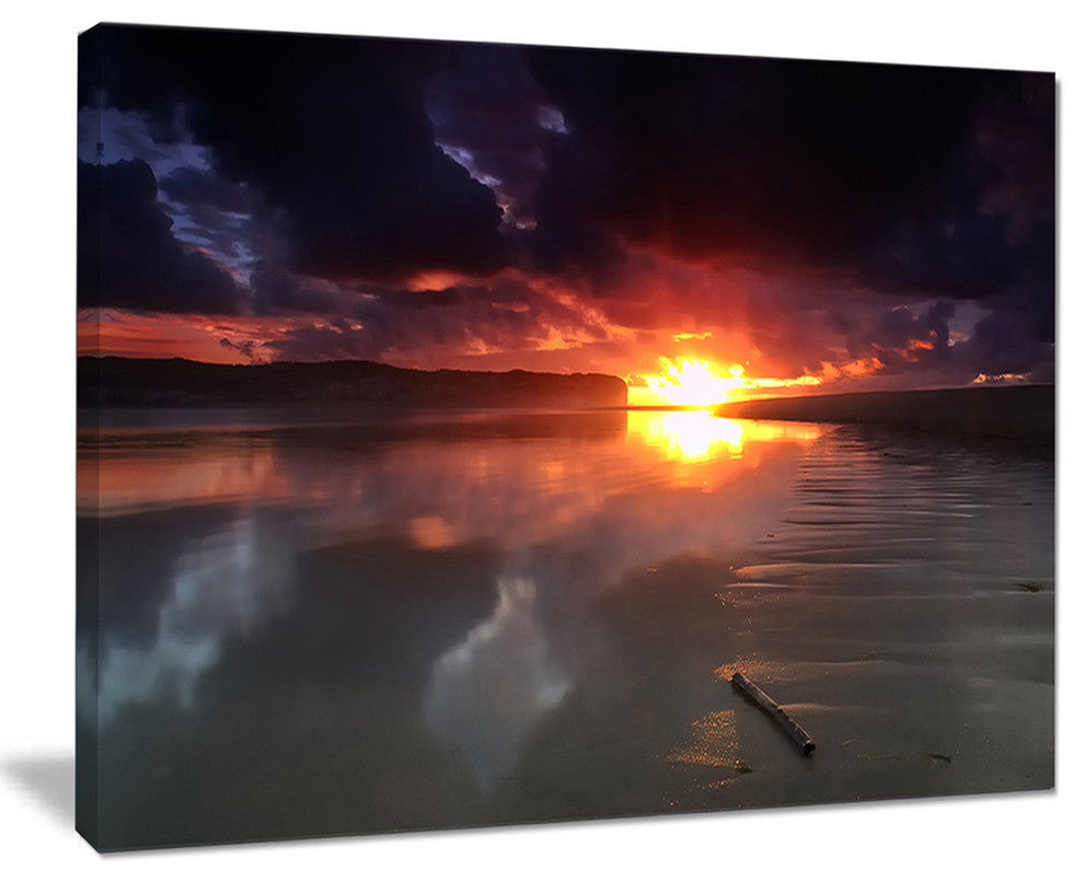 "Mirrored Sun in Cloudy Dark Seashore" Contemporary Seascape Art Canvas, 40"x30"