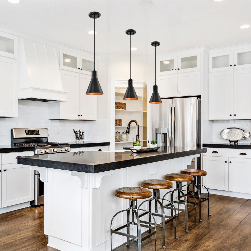 1-Light Matte Black Metal Cone Hanging Kitchen Pendant Light