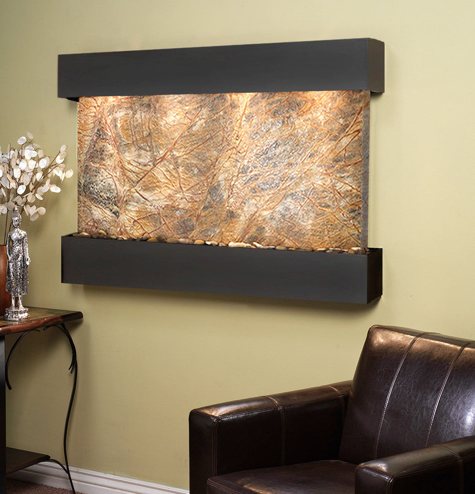 Sunrise Springs water fountain, Brown Marble, Blackened Copper, Square