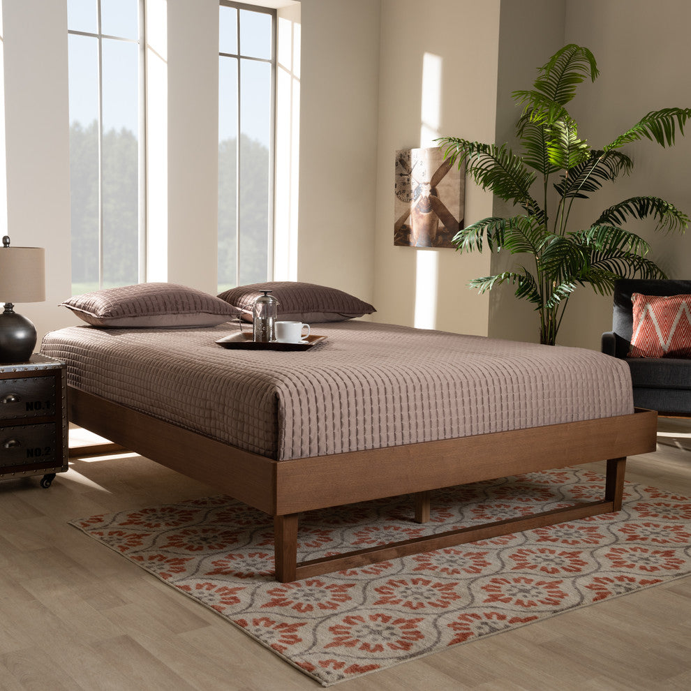 Tristin Mid-Century Modern Walnut Brown Wood Queen Platform Bed Frame
