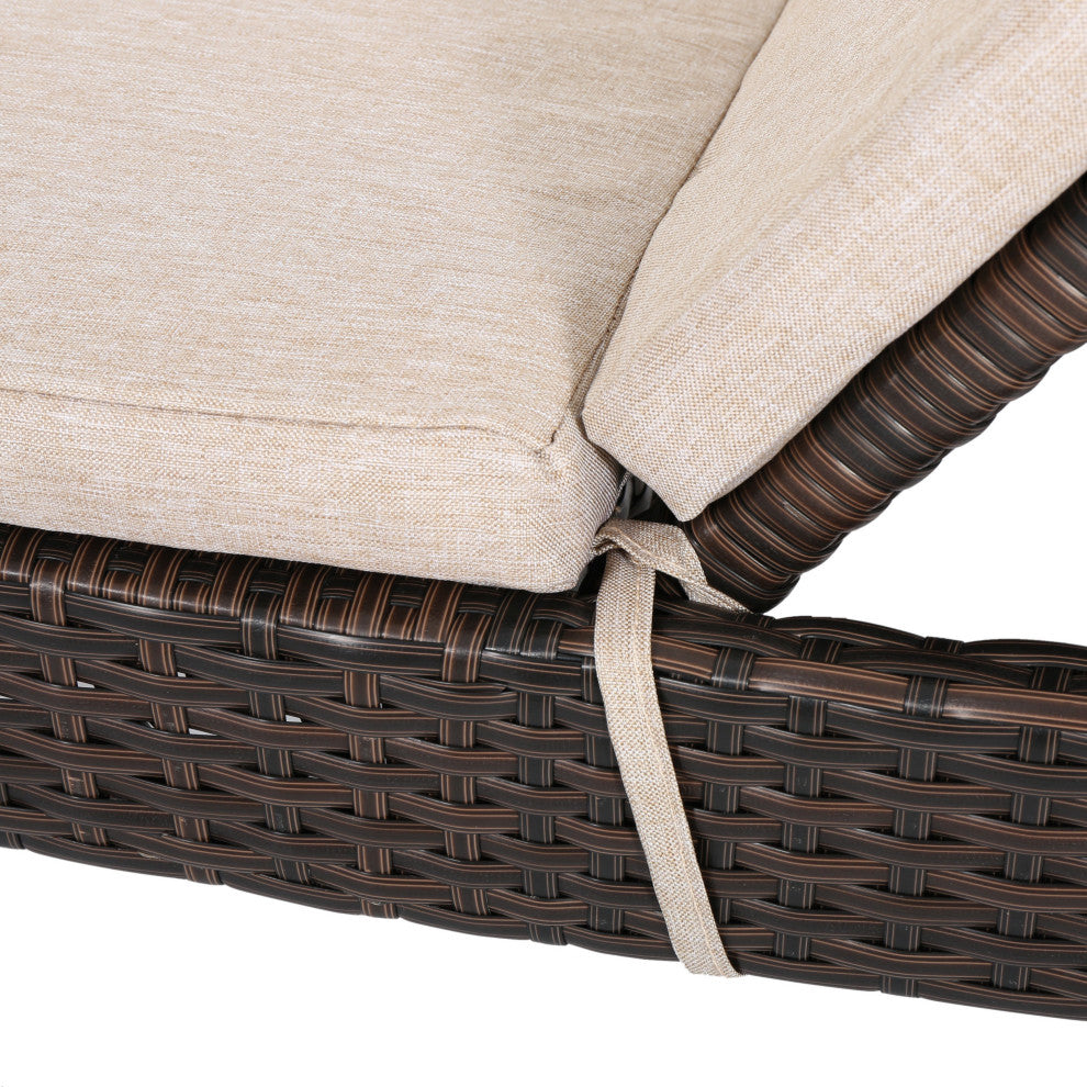 GDF Studio Lakeport Outdoor Wicker Chaise Lounge Chair With Cushion, Textured Be
