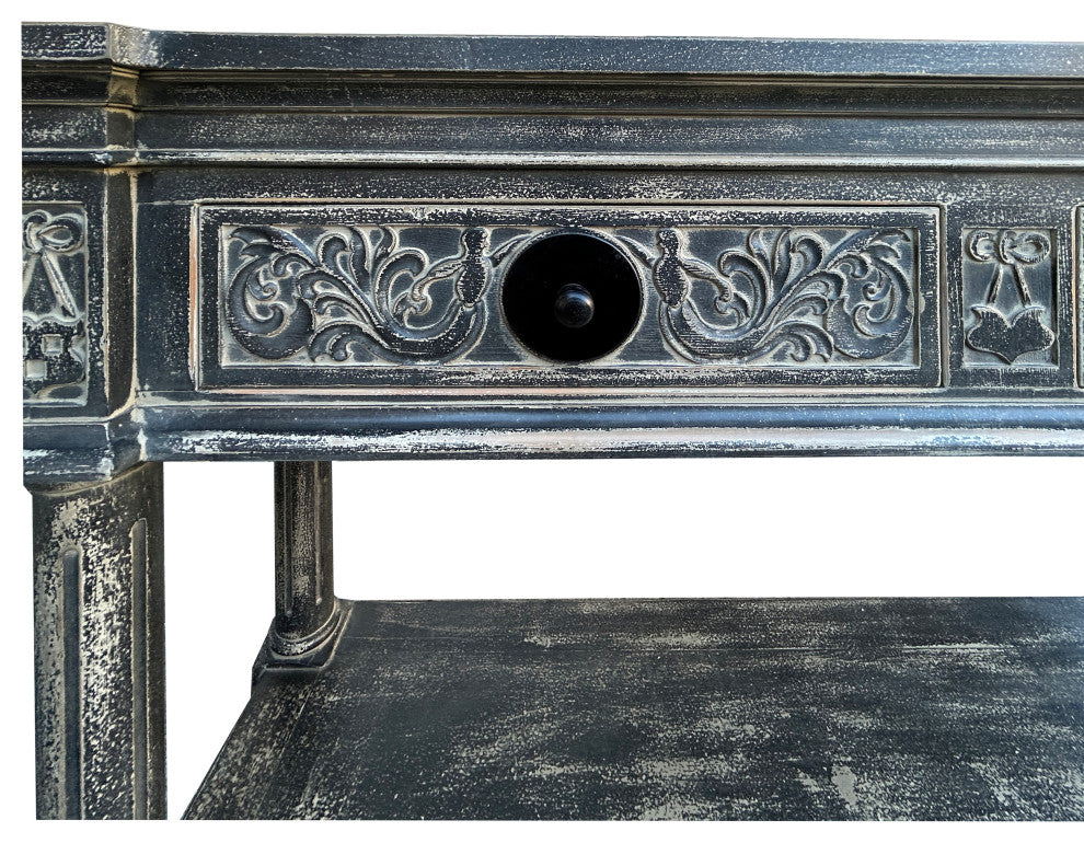 Distressed Black Gray Relief Floral Motif Tall Credenza Console Cabinet Hws4346