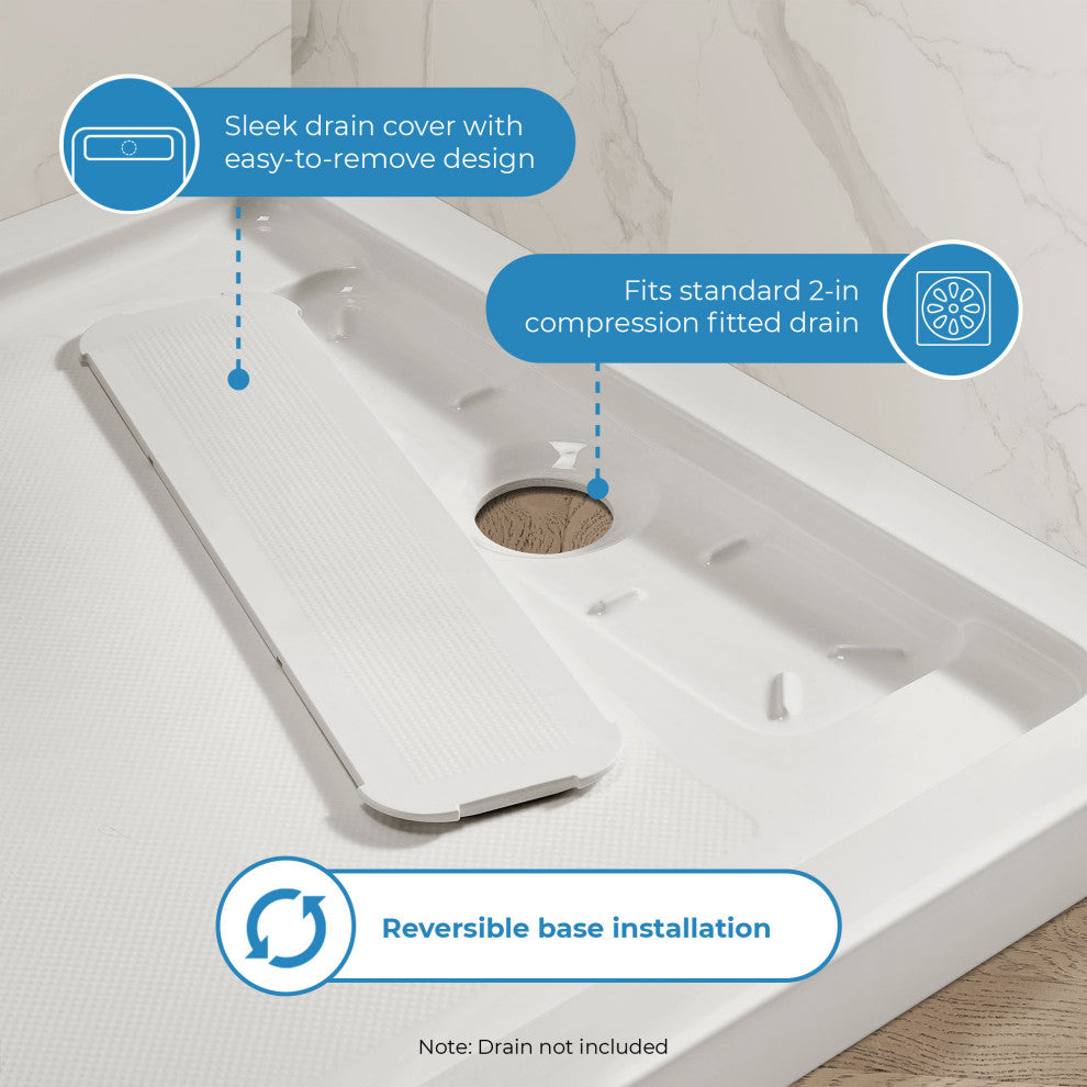 Ove Decors Erika Shower Base Rectangle, White, 36"x36", Side Drain