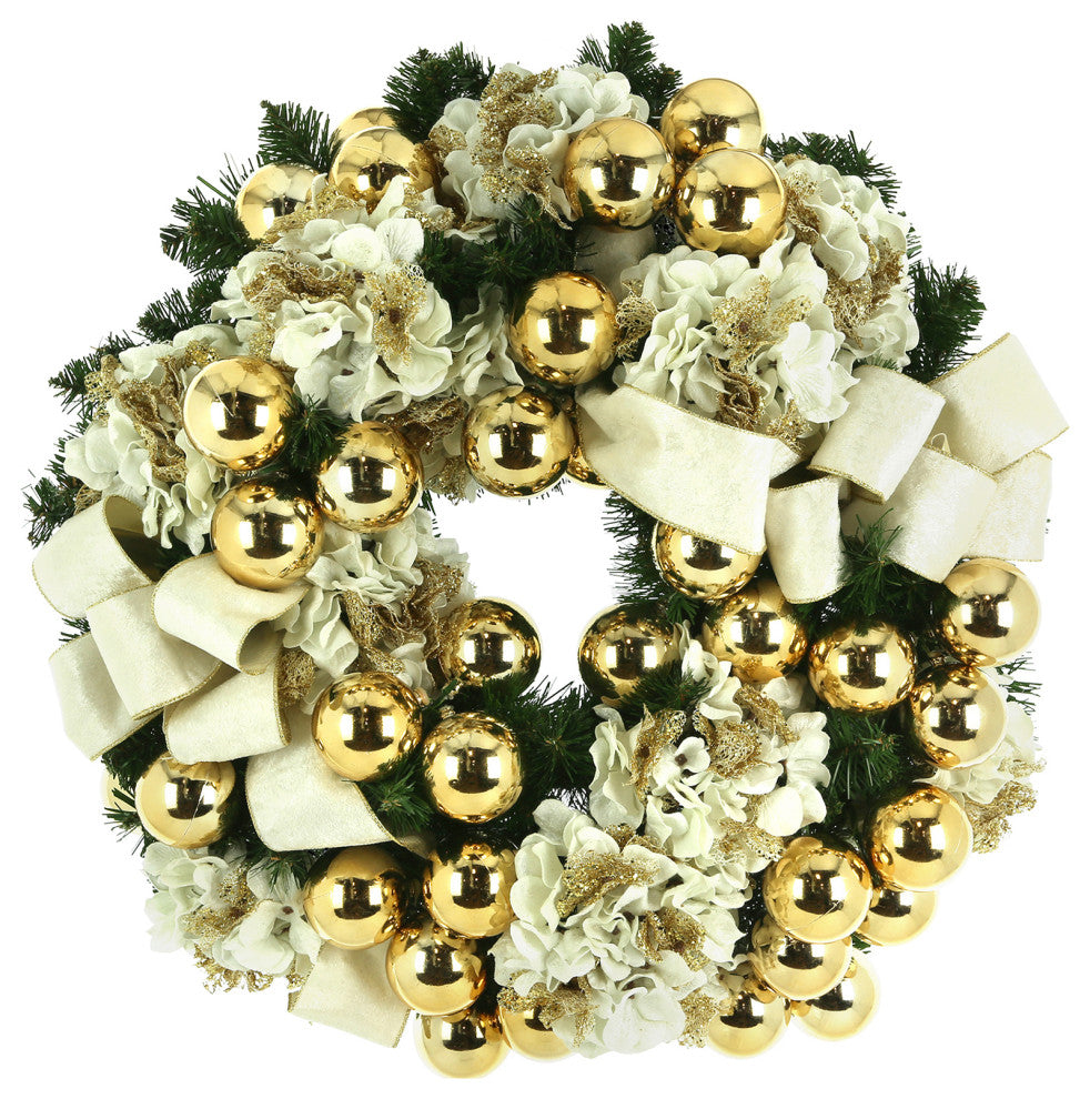 26" Holiday Wreath with Hydrangeas, Ornaments and Velvet Bows