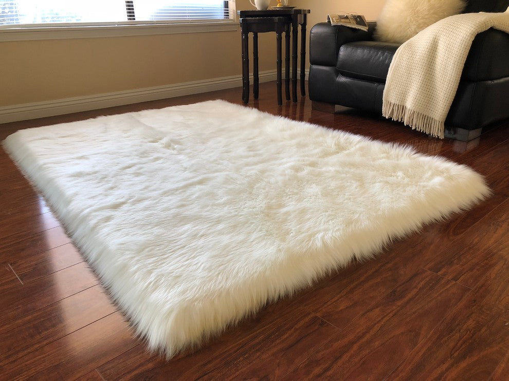 Super Soft Faux Sheepskin Silky Shag Rug, White, 6' Square