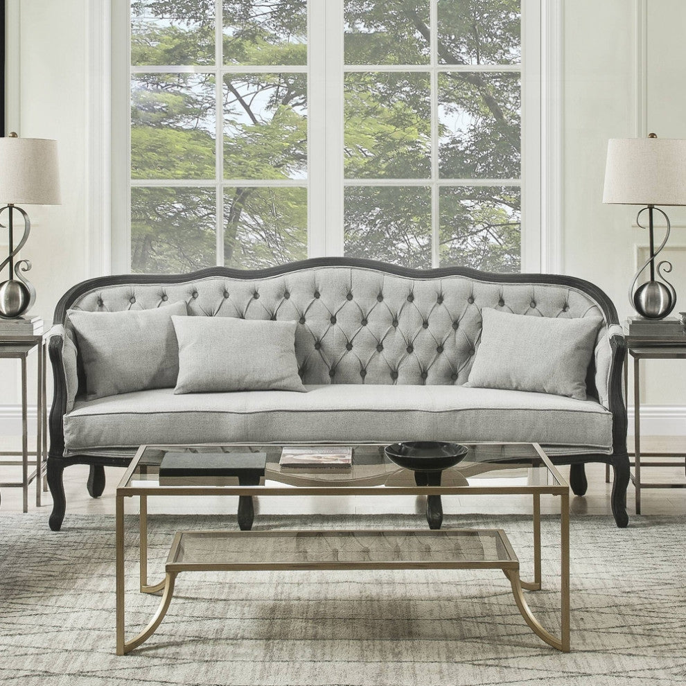 Samael Sofa With 3 Pillows, Gray Linen and Dark Brown Finish