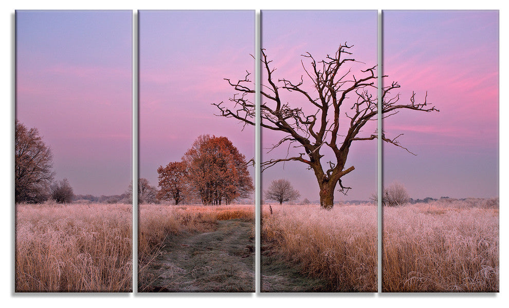 "Fairy Autumn Sunrise With Lonely Tree" Landscape Wall Art, 4 Panels, 48"x28"