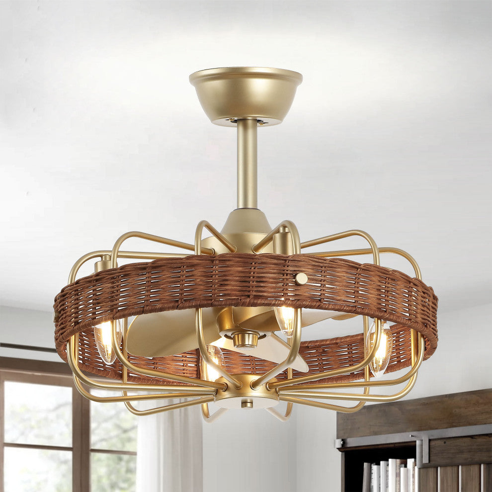 GetLedel 18" Rattan Ceiling Fan With Remote and Light, Gold/Walnut