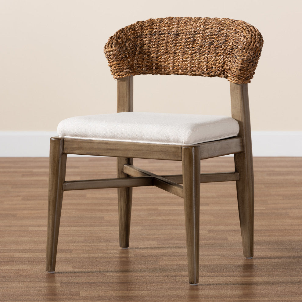Bohemian Walnut Brown Finished Mahogany Wood and Natural Rattan Dining Chair