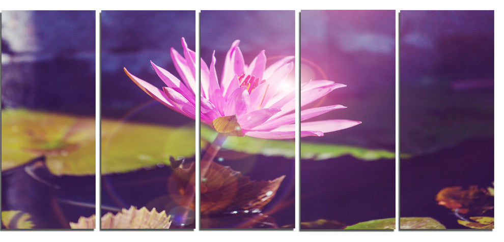 Pink Lotus Flower on Blue Background, Floral Canvas Art Print, 60"x28", 5 Panels