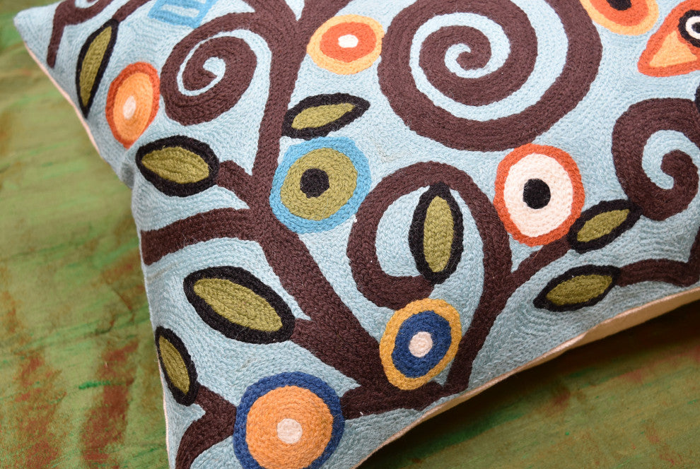 Lumbar Blue Tree Of Life Pillow Cover Birds Accent Pillows Handmade Wool 14x20"