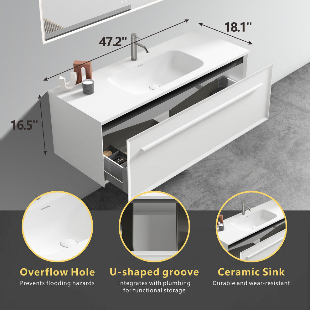 Nevia Wall Mounted Floating Bathroom Vanity with White Solid Surface Sink, 48"